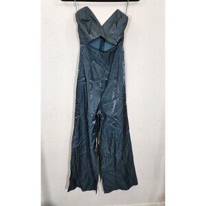 About Us Jumpsuit XS Teal Green Metallic Strapless Cutout Wide Leg Cocktail